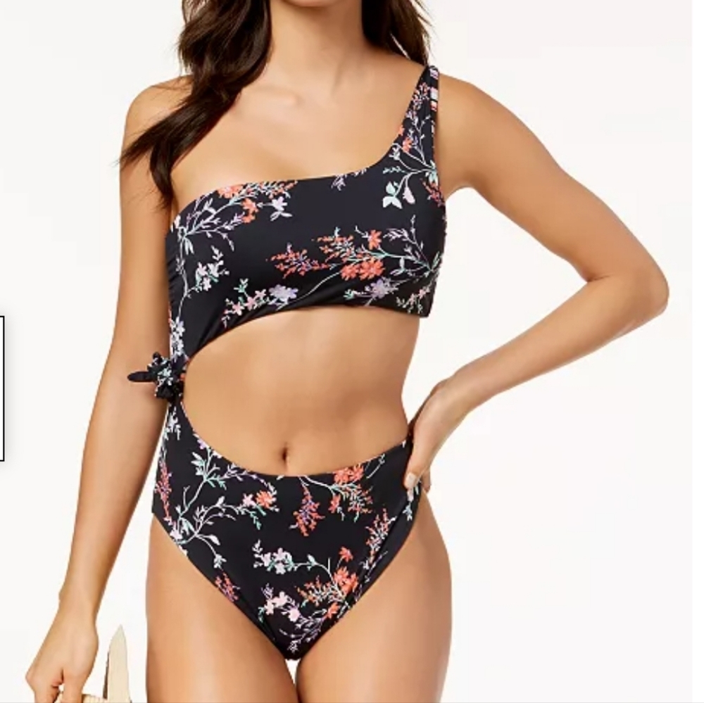 Bar III Reversible One-Shoulder Cutout 1-Piece Swimsuit, Size L, floral